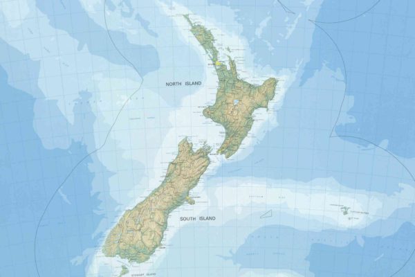 This image depicts a topographic map of New Zealand, showing the North Island and South Island with relief shading to indicate terrain variation.