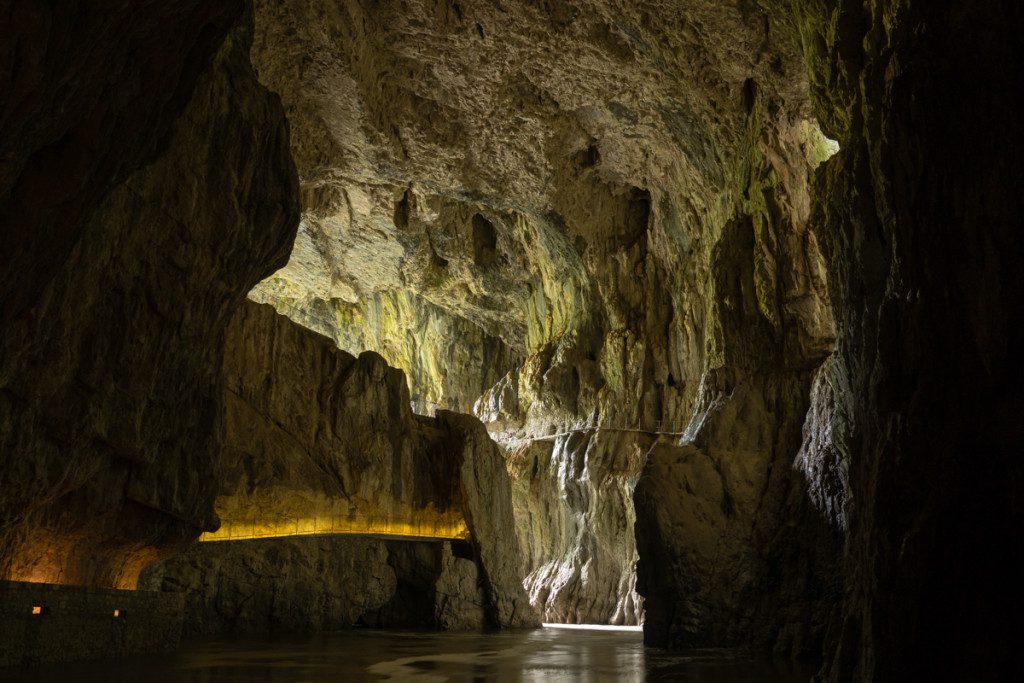 Lighted pathways through Mahorcic cave allow visitors to move deep into the subterranean world. 