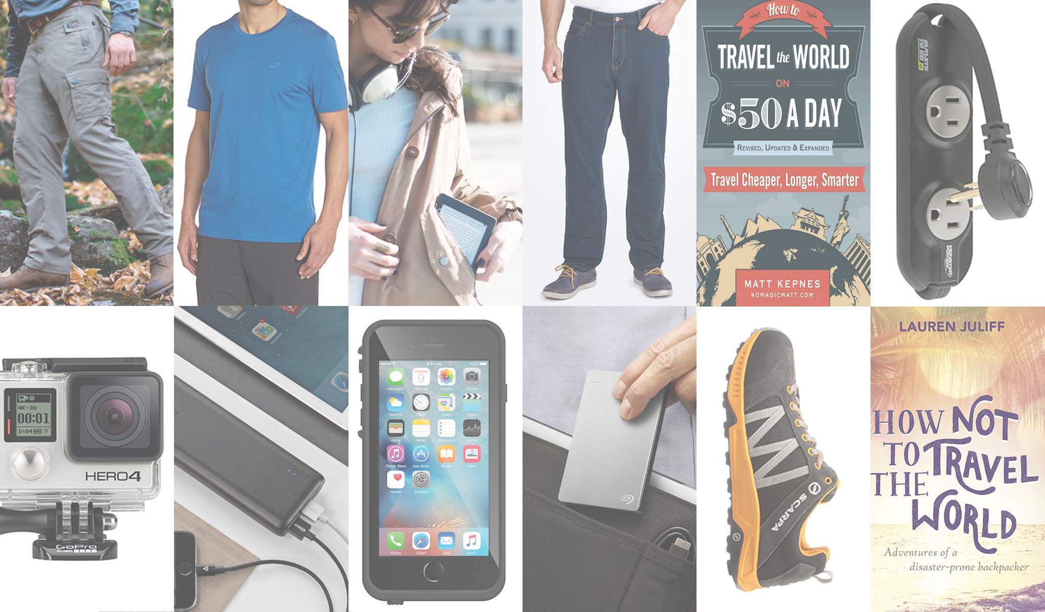 A collage featuring various travel-related items and actions: a person with a backpack, smartphones, a camera, a travel adapter, skateboarding, and two travel books.