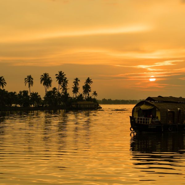 A traditional houseboat floats on calm water at sunset. Palm trees silhouette against a golden sky. Reflections ripple gently on the water's surface.