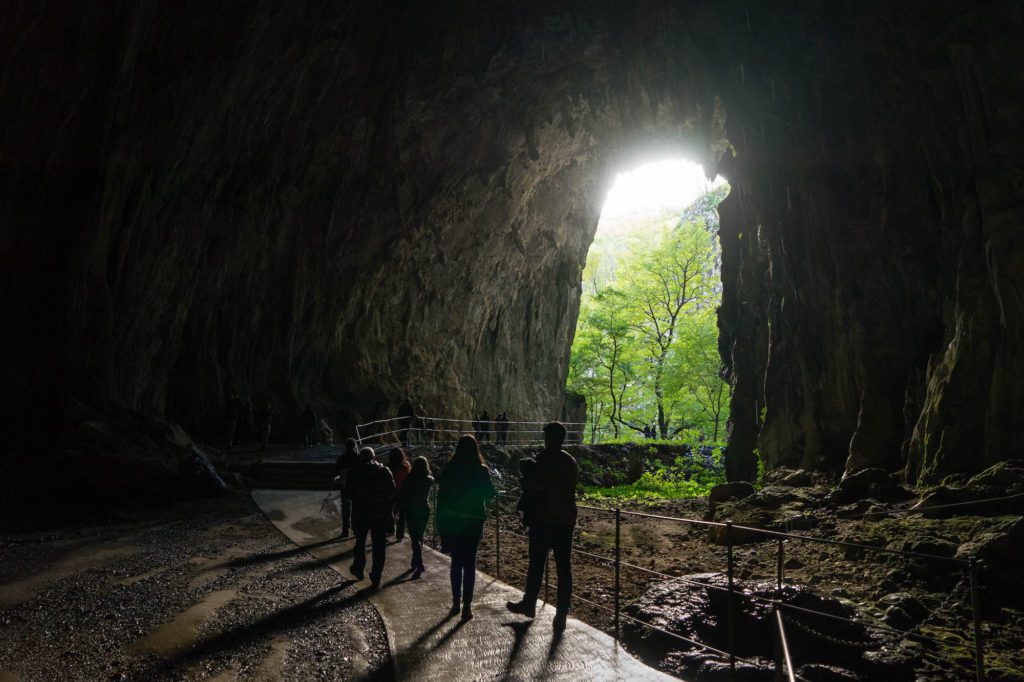 A group of people are walking inside a spacious cave, silhouetted against the bright entrance, where lush green foliage and sunlight are visible.