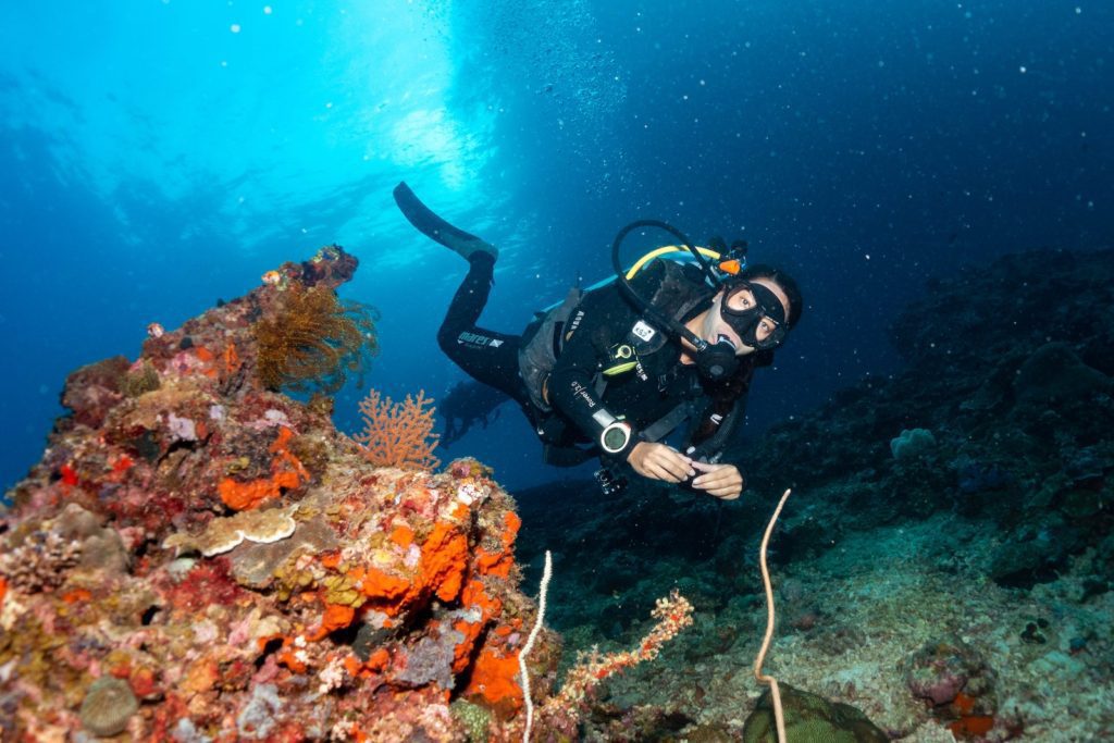 A person is scuba diving near colorful coral reefs underwater, with clear blue water in the background and sunlight filtering through from above.