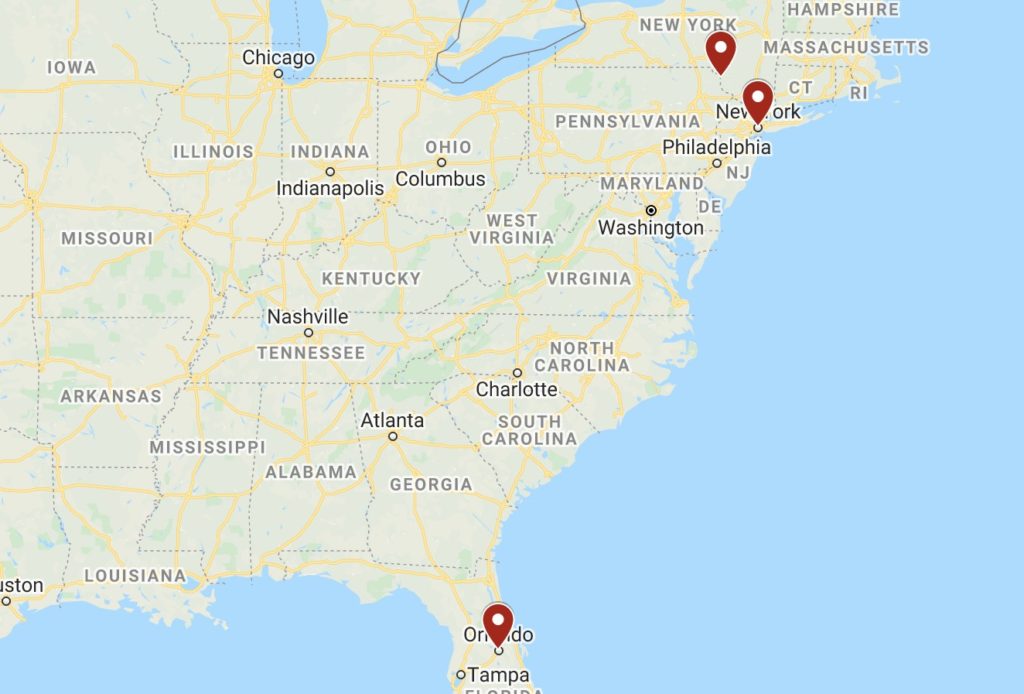 This image is a map showing the Eastern United States with two marked locations: one near Tampa, Florida, and another in northeastern Pennsylvania.