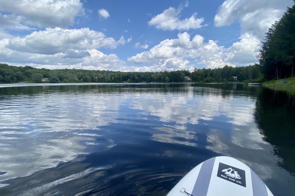 Paddleboarding on a lake in New York state