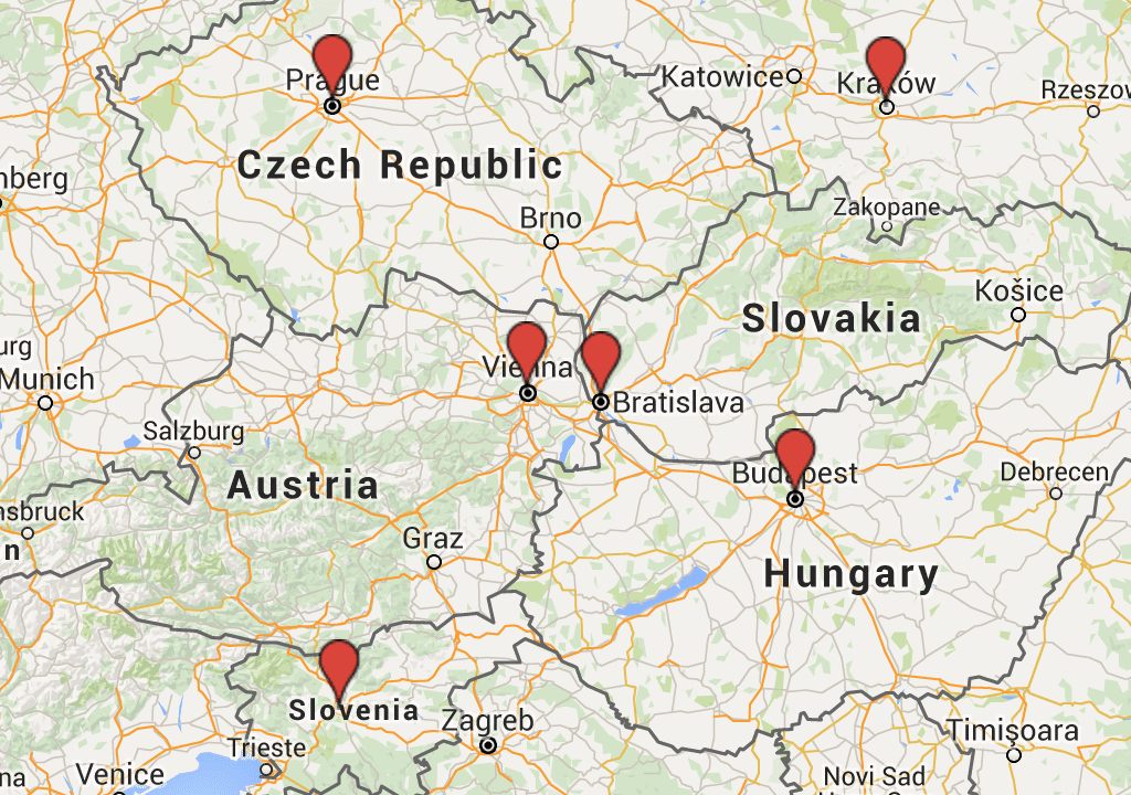 This image shows a map segment of Central Europe featuring parts of the Czech Republic, Austria, Slovakia, and Hungary with major cities marked by red pins.