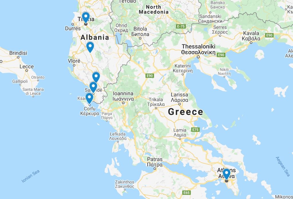This is a screenshot of a map showing part of Greece and Albania with marked locations, major cities, roads, and geographical features. The map includes labels and icons.