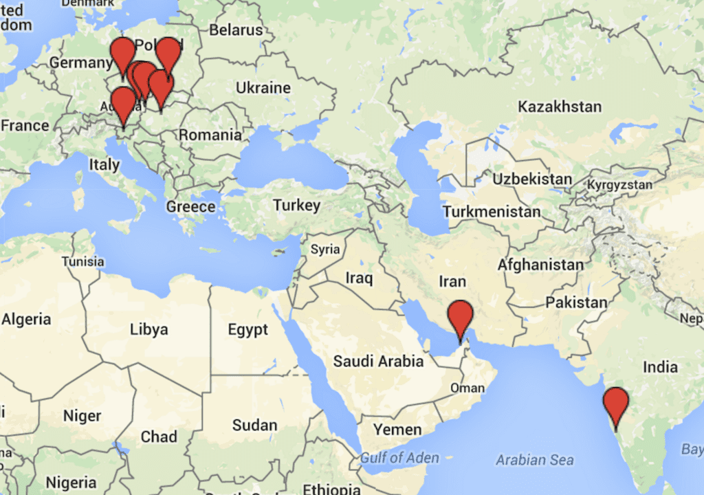 This is a map displaying part of Europe, North Africa, and Asia. There are red location markers over Germany and one near the Arabian Sea.