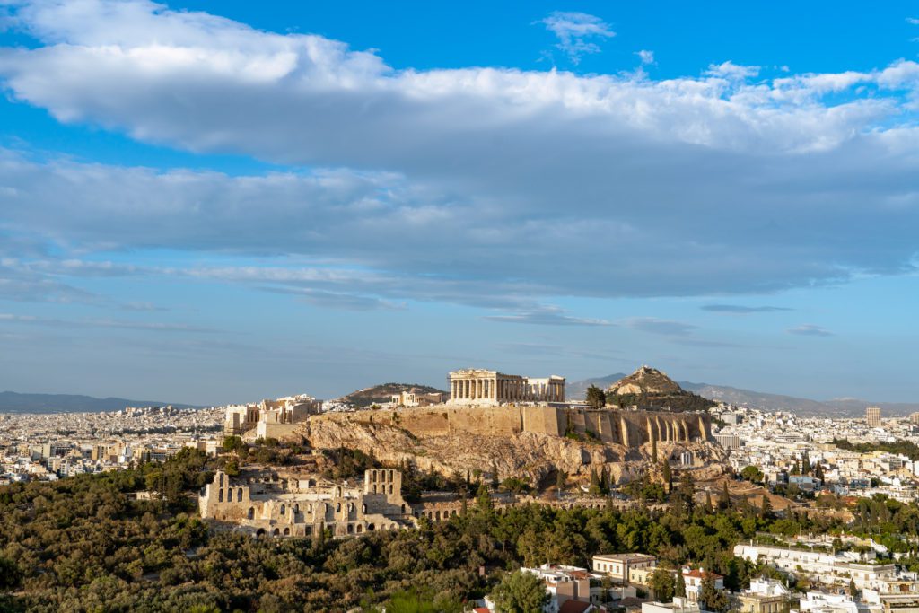 The Acropolis at sunset in Athens, Greece.