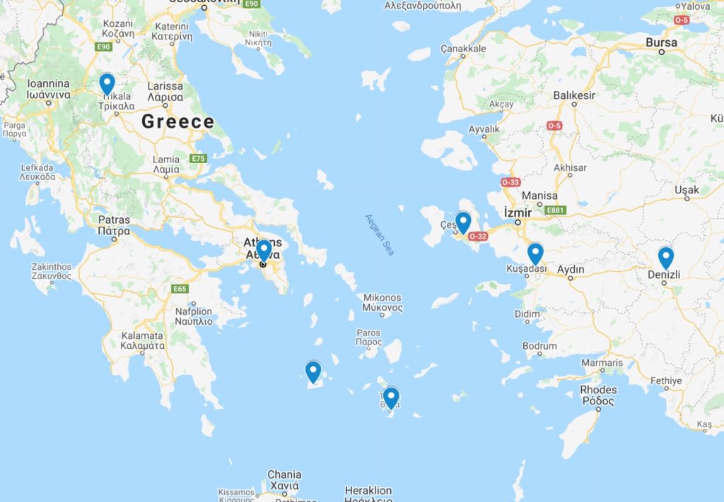 This image is a map showing parts of Greece and Turkey, focusing on the Aegean Sea. It highlights cities such as Athens, Izmir, and various islands.