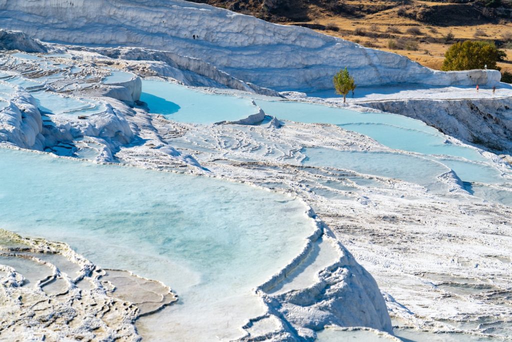 This image features terraced mineral pools with turquoise water in a white calcite landscape, likely the travertine terraces of Pamukkale, Turkey, with a lone tree.