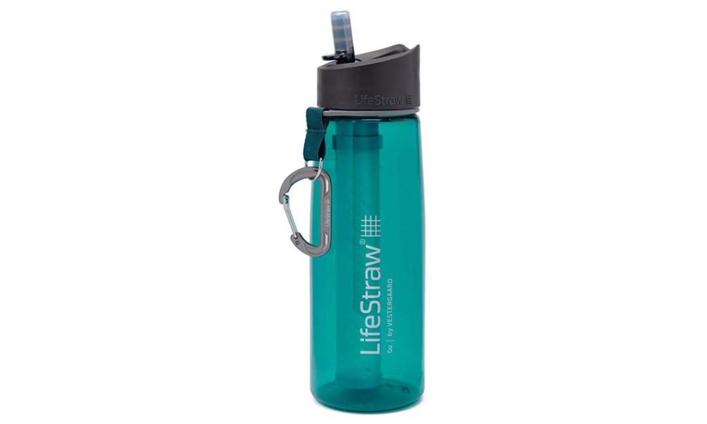 This image shows a teal-colored LifeStraw water bottle with a flip-top lid and a built-in straw, featuring an attached carabiner on its side.