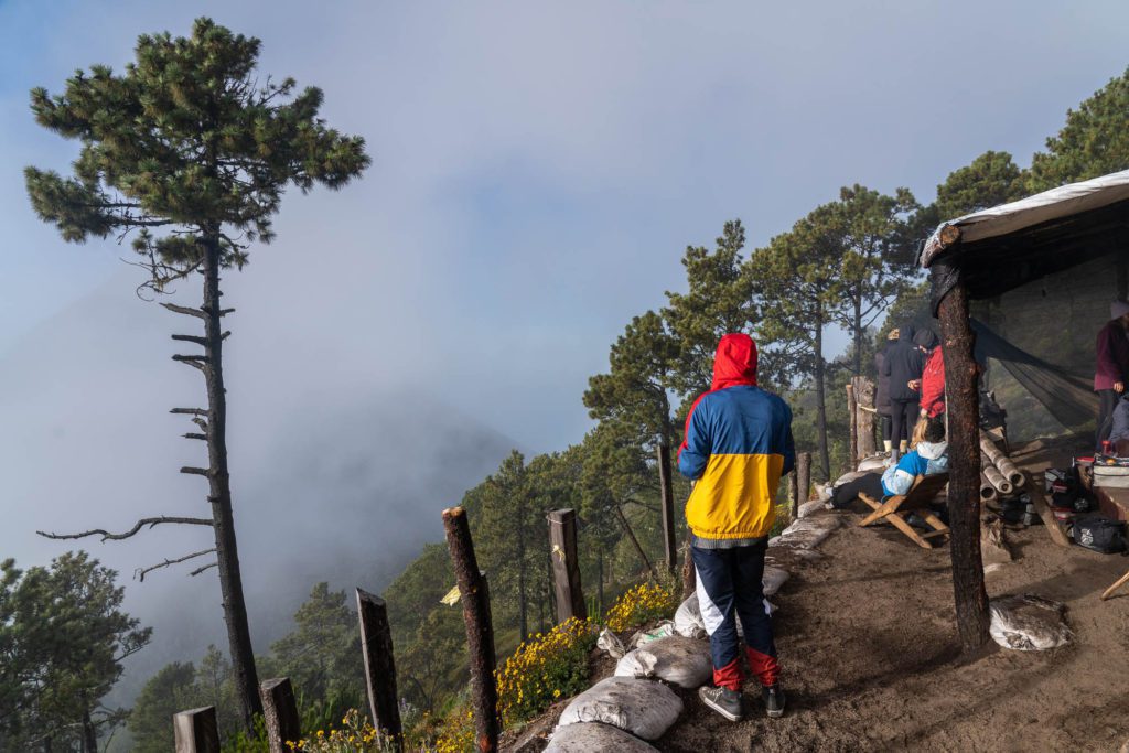 A person in a red cap and colorful jacket walks towards a rustic shelter amidst pine trees and foggy mountains, suggesting a remote, natural setting.