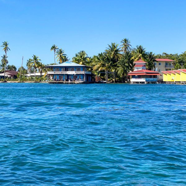 A tropical scenery with clear blue water and colorful buildings along the shoreline. Palm trees are visible under a bright blue sky.