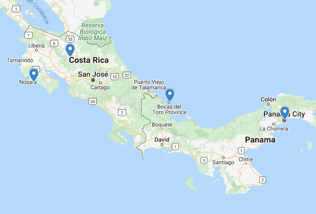 This image is a map featuring parts of Central America, specifically highlighting Costa Rica and Panama, with notable cities like San José and Panama City.