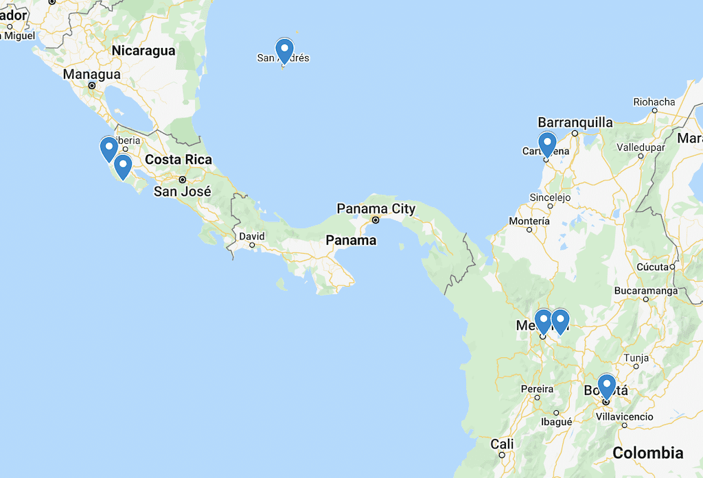 This image shows a map highlighting parts of Central America, featuring countries like Costa Rica, Panama, and the northern region of Colombia.