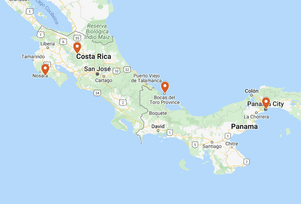 The image is a map showing the southern region of Costa Rica and the western part of Panama, including cities like San José, David, and Panama City.
