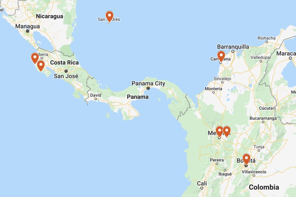The image shows a map highlighting parts of Central America and northern South America, specifically Costa Rica, Panama, and Colombia, with marked locations.