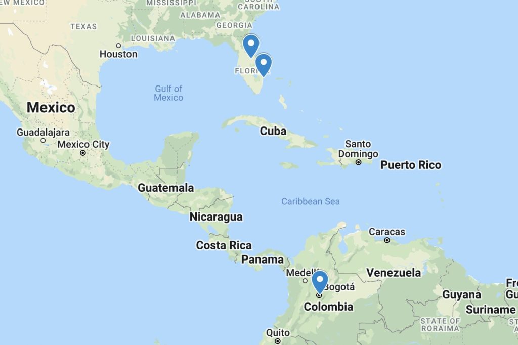 This is a geographic map showing part of the southeastern United States, Mexico, Central America, and the northern part of South America. There are location markers over Florida.