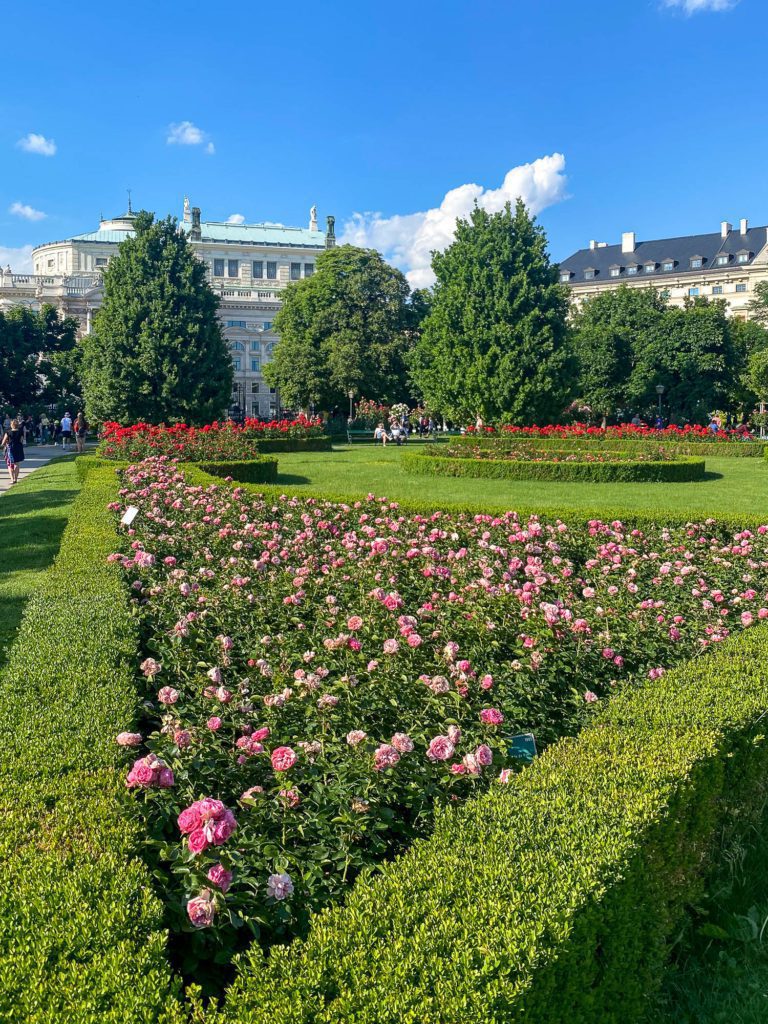 The image shows a well-maintained garden with lush green hedges and blooming pink roses. People are visible in the distance near classical architecture.