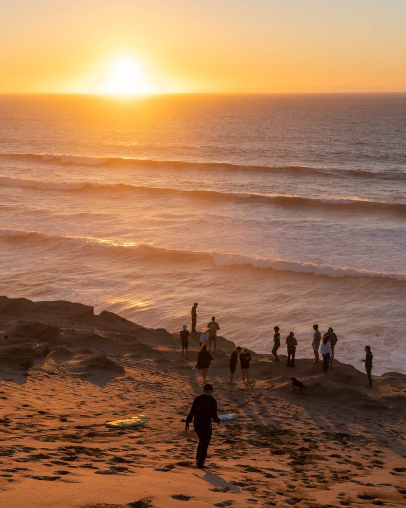 Sunset over a beach with multiple people and a dog. Waves roll in as some individuals carry surfboards, with the sun casting warm hues across the scene.