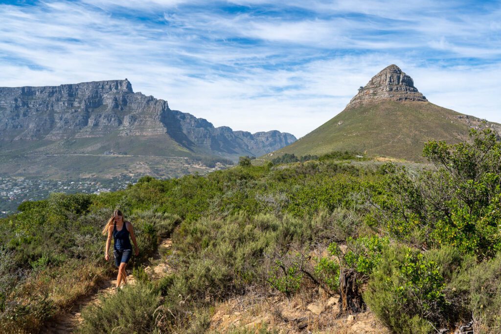 A person is hiking on a dirt trail amidst green shrubbery with the backdrop of a majestic mountain range under a clear blue sky.