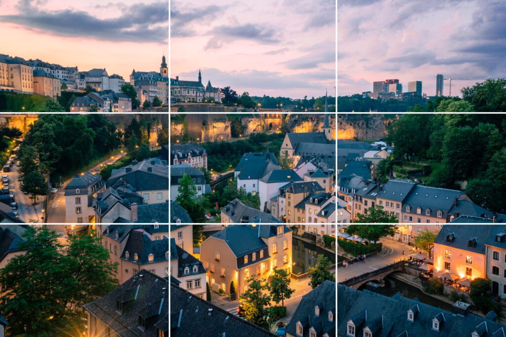 This scenic view of Luxembourg City at dusk, sits comfortably in a rule of thirds grid. The horizon on the top third and the cute houses on the right sit in the prime junction first capturing the viewer's attention.